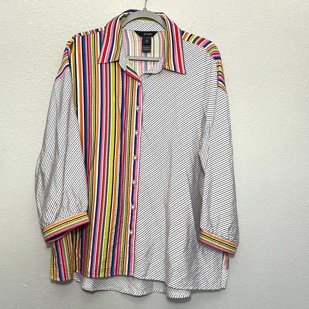 Ali Miles 3/4 Sleeve Button Tunic Top L Art Whimsical Rainbow Patchwork Lagen